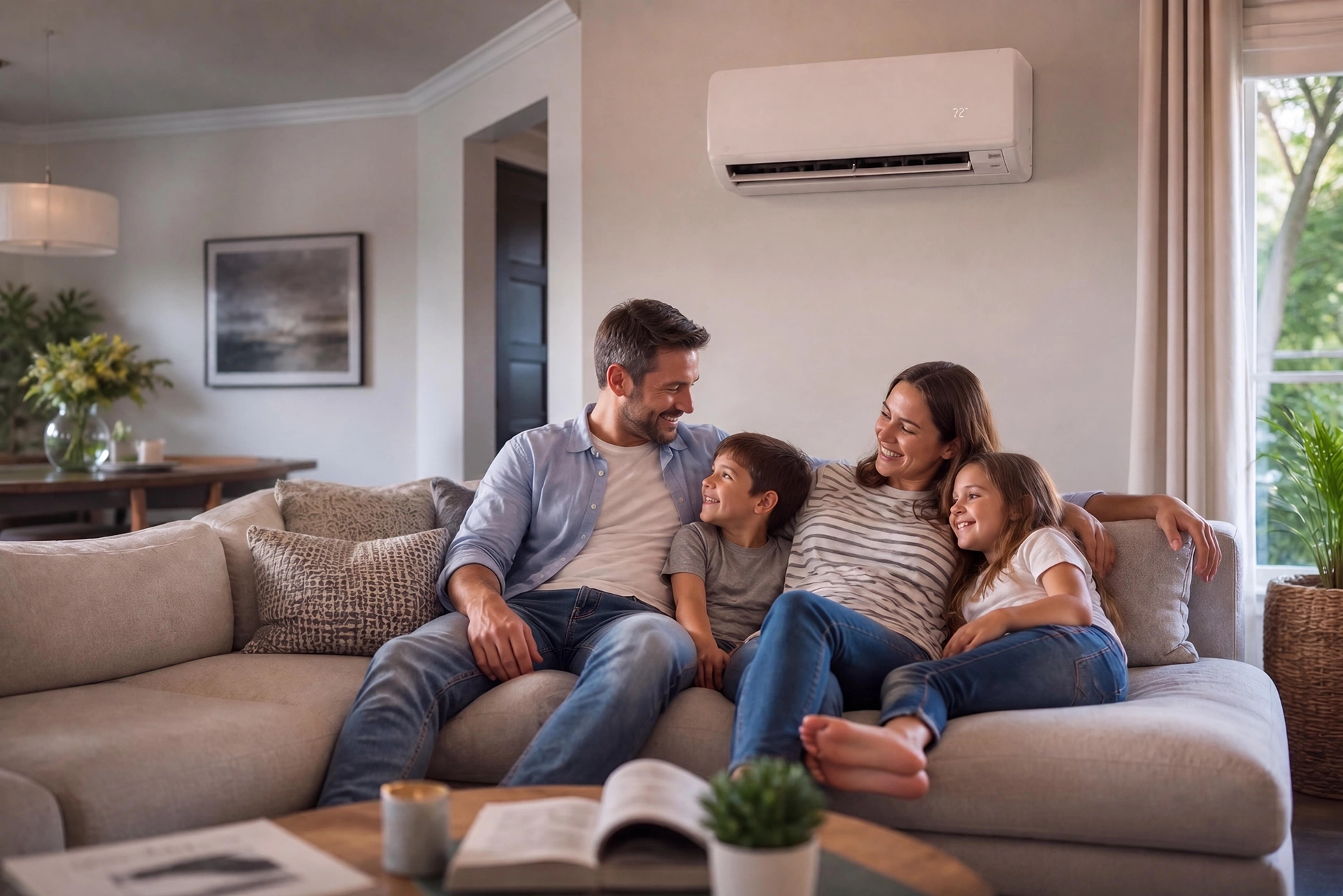 famille profitant du confort d'un salon climatisé