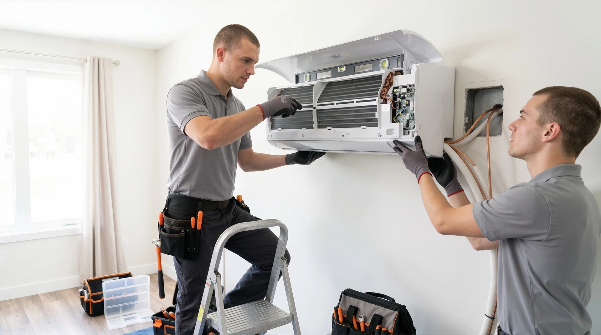 Installation professionnel de climatiseur chez un particulier par deux techniciens